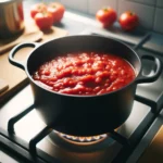 Tomato sauce cooking in a dutch oven on the stove